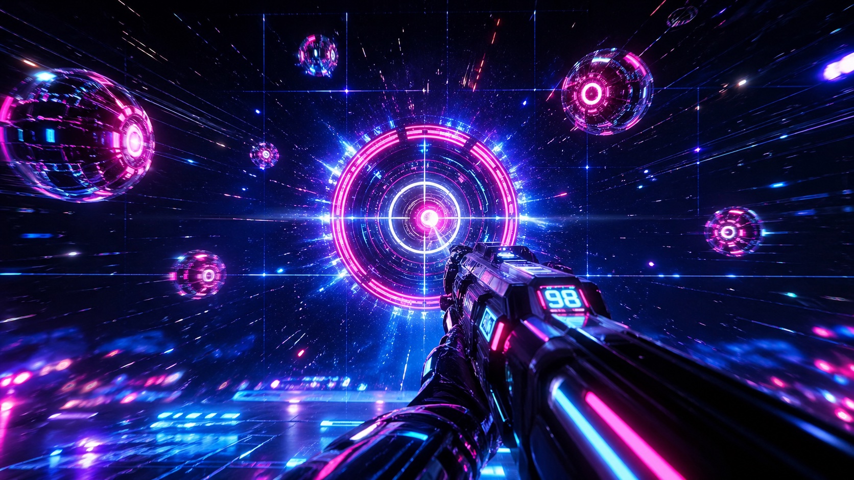 abstract vibrant gaming setup with neon lights and high tech peripherals