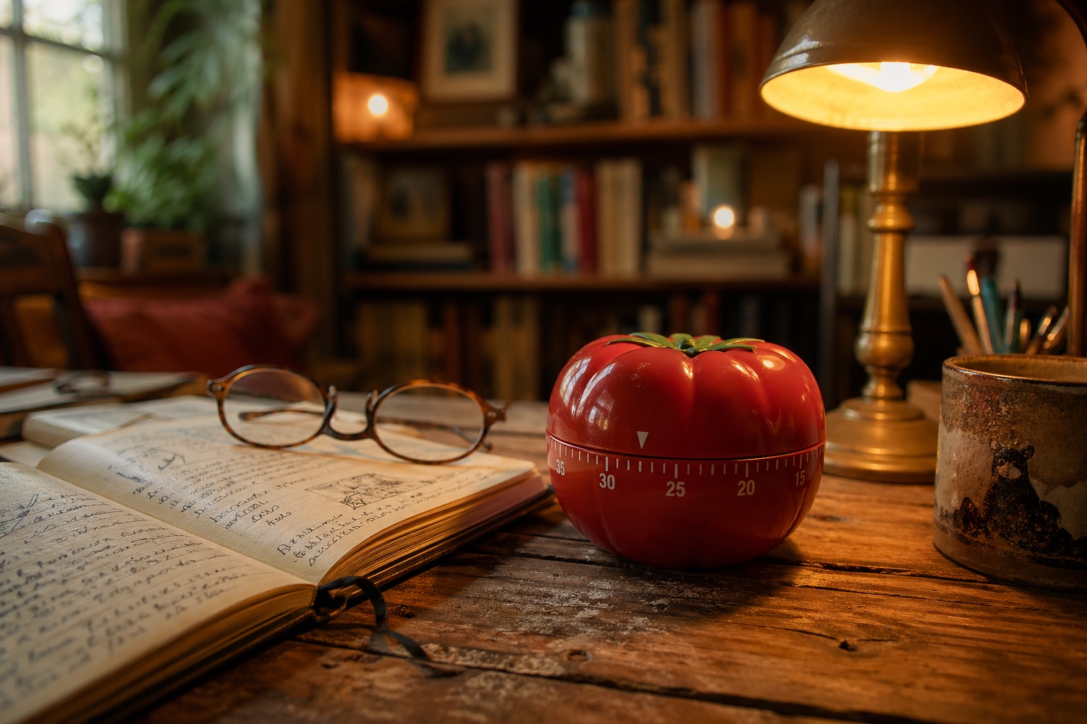 aesthetic desk with digital pomodoro timer